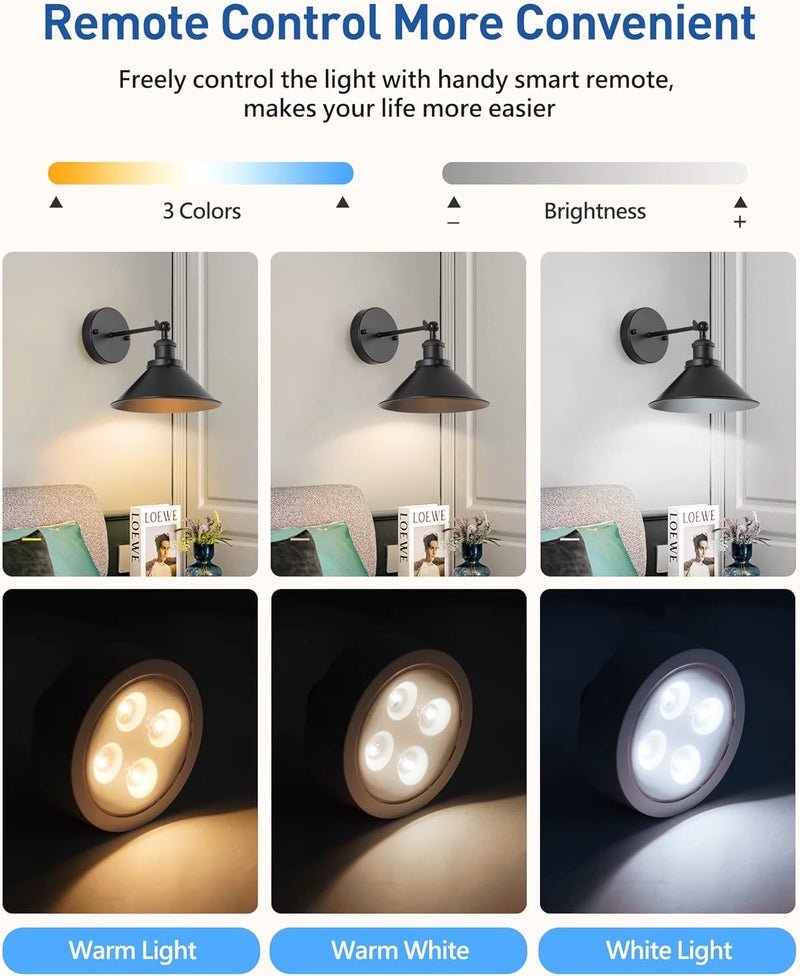 Bailoch Black Vintage Wireless Battery Operated Wall Sconces, Industrial Cordless Battery Powered Led Wall Lights Set of 2, Wall Lamp Fixture Indoor with Remote Control for Bedroom Farmhouse Gallery - Image 4